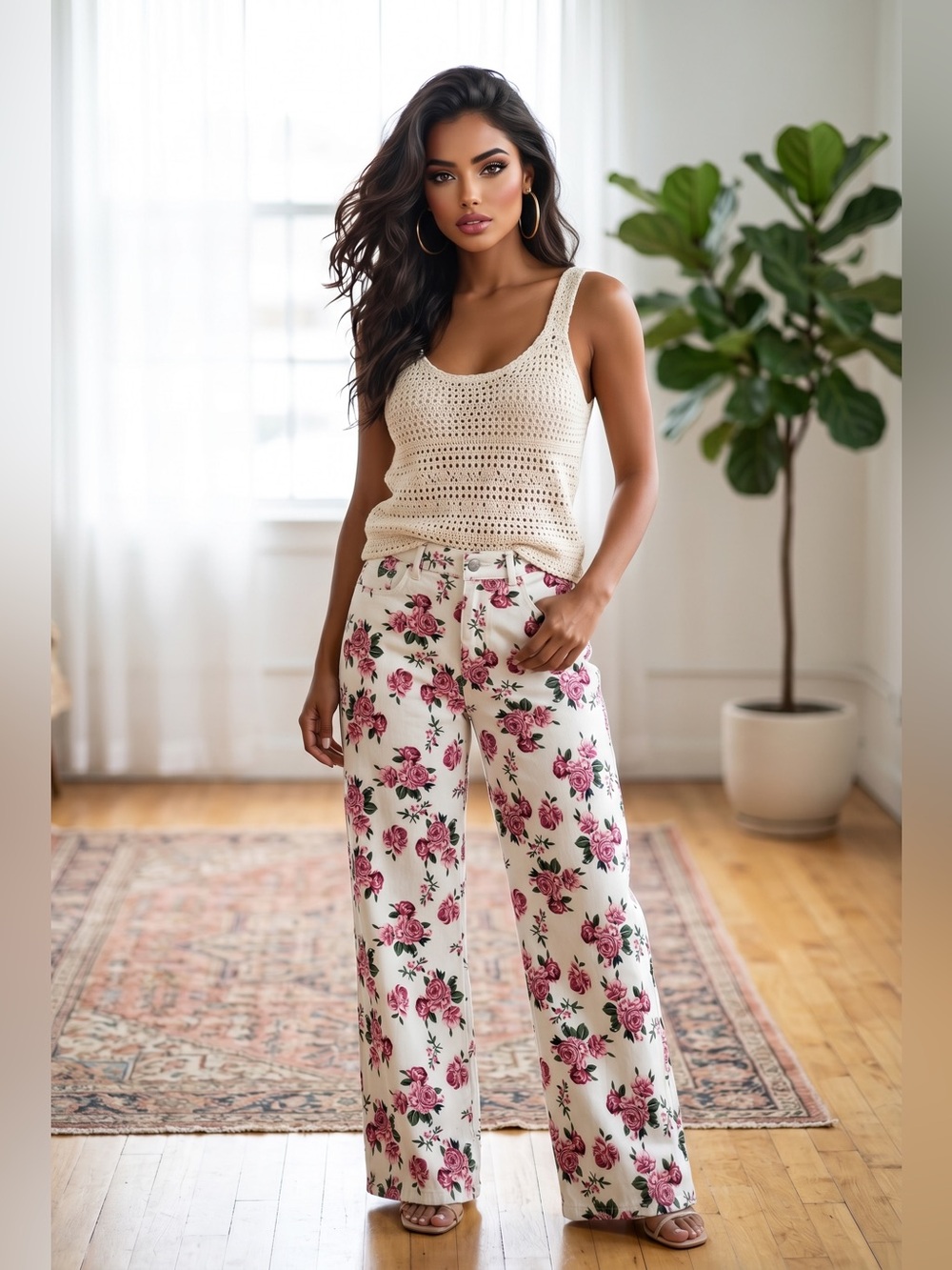 🌟B673. Chic Floral Wide Leg Stretchy Jeans with Pink Rose Print